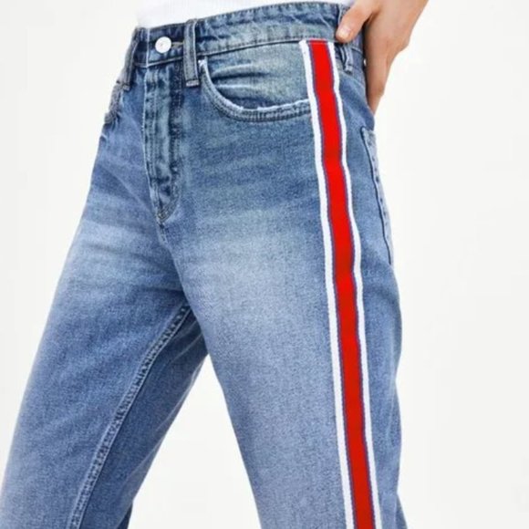 Zara Denim - Zara Authentic Denim Red Stripe High Rise Raw Hem Ankle Straight Leg Jeans